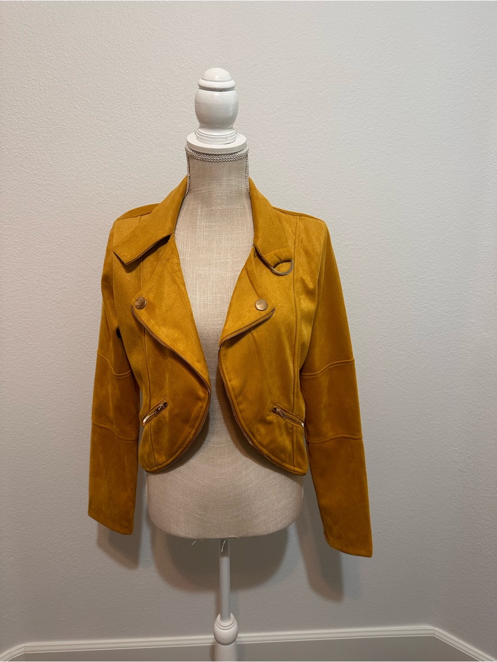 Mustard Yellow Women's Suede Cropped Moto Jacket